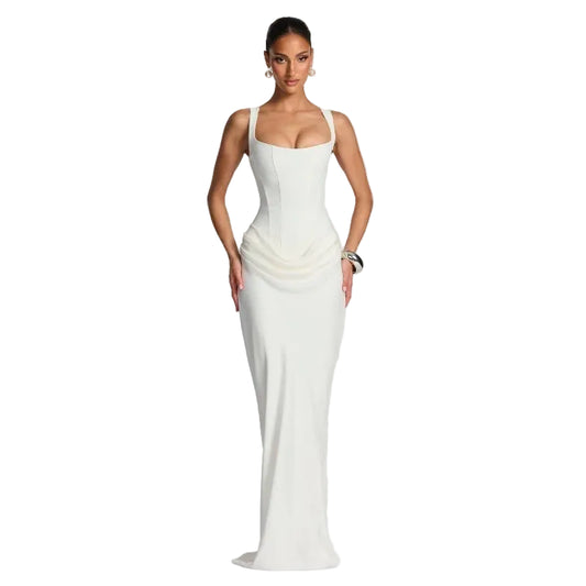 White Pleated Evening Dress – Elegant Sleeveless Slim Fit Formal Dress