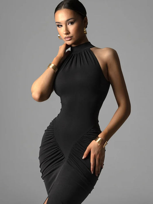 Elegant Black Ruched Evening Dress – Slim Fit Bodycon Party Gown
