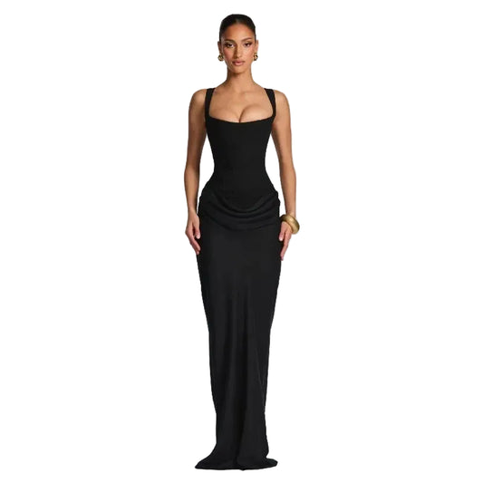 Black Pleated Evening Dress – Elegant Sleeveless Slim Fit Formal Dress