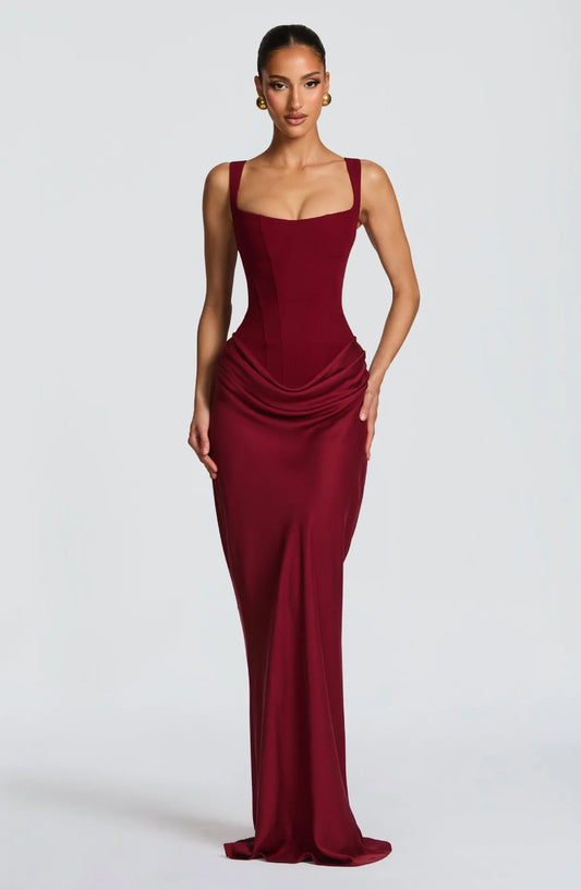Burgundy Pleated Evening Dress – Elegant Sleeveless Slim Fit Formal Dress