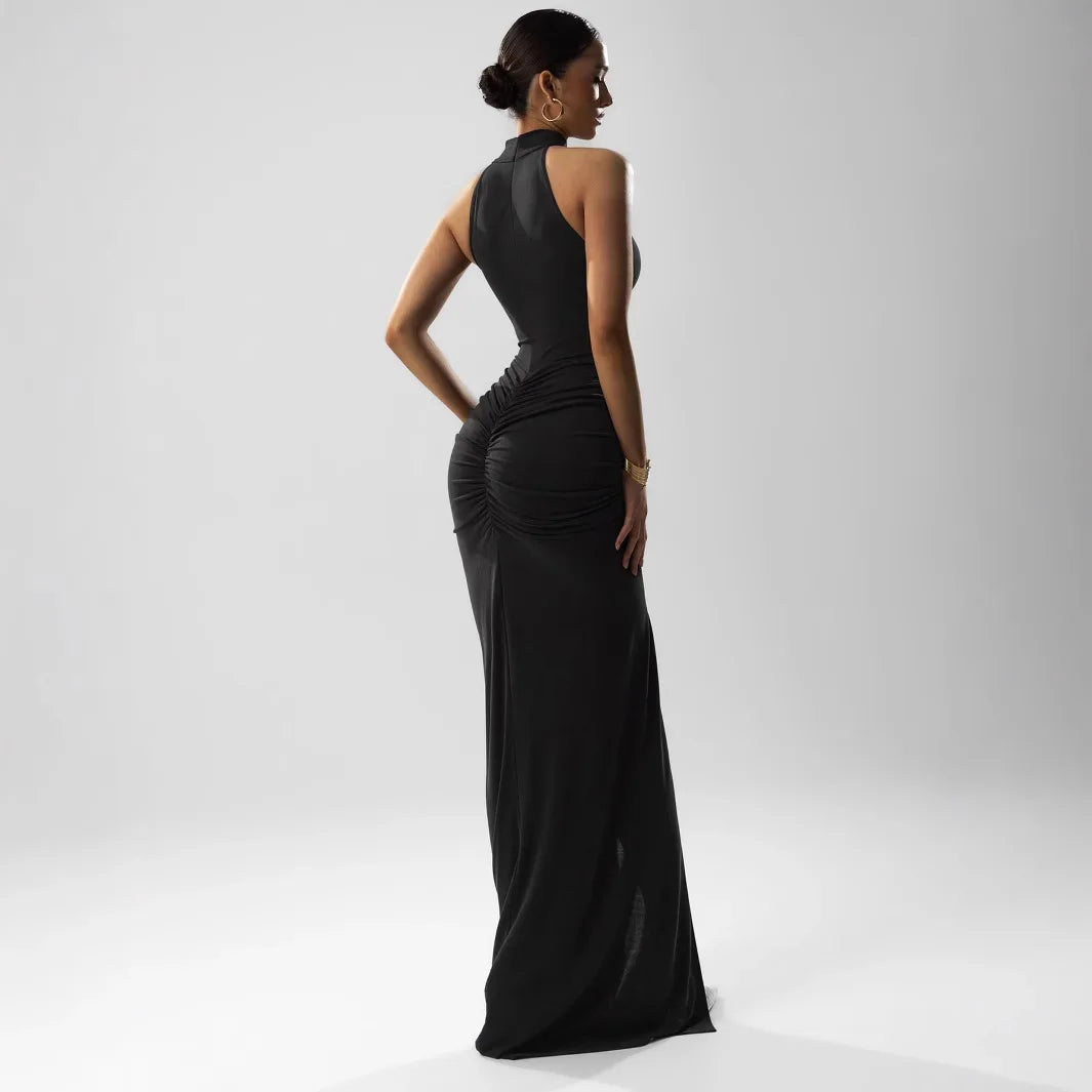 Elegant Black Ruched Evening Dress – Slim Fit Bodycon Party Gown