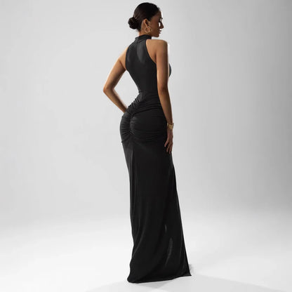 Elegant Black Ruched Evening Dress – Slim Fit Bodycon Party Gown