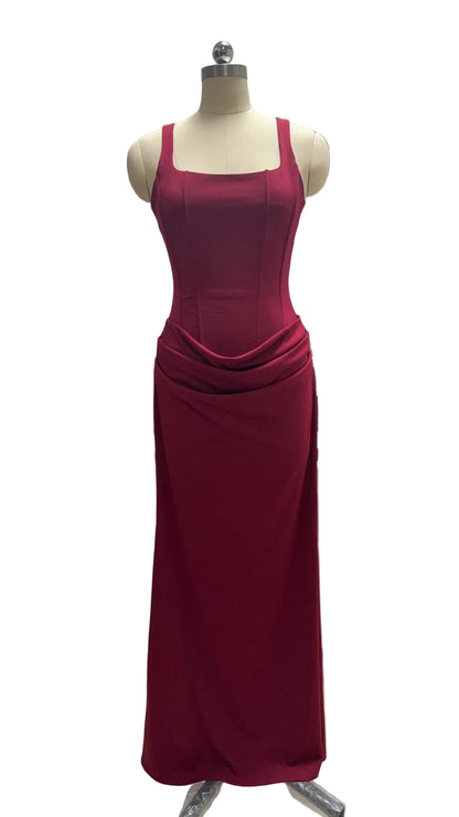 Burgundy Pleated Evening Dress – Elegant Sleeveless Slim Fit Formal Dress
