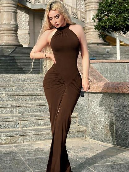 Elegant Brown Evening Dress – High Slit Bodycon Party Gown for Women