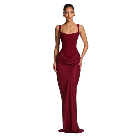 Burgundy Pleated Evening Dress – Elegant Sleeveless Slim Fit Formal Dress