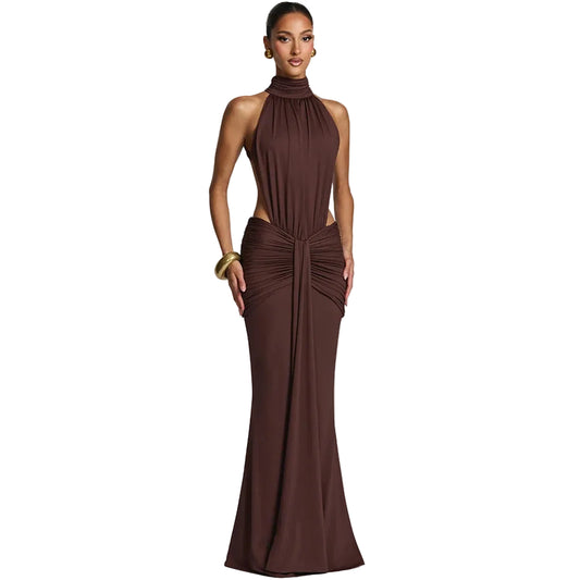 Elegant Brown Evening Dress – High Slit Bodycon Party Gown for Women