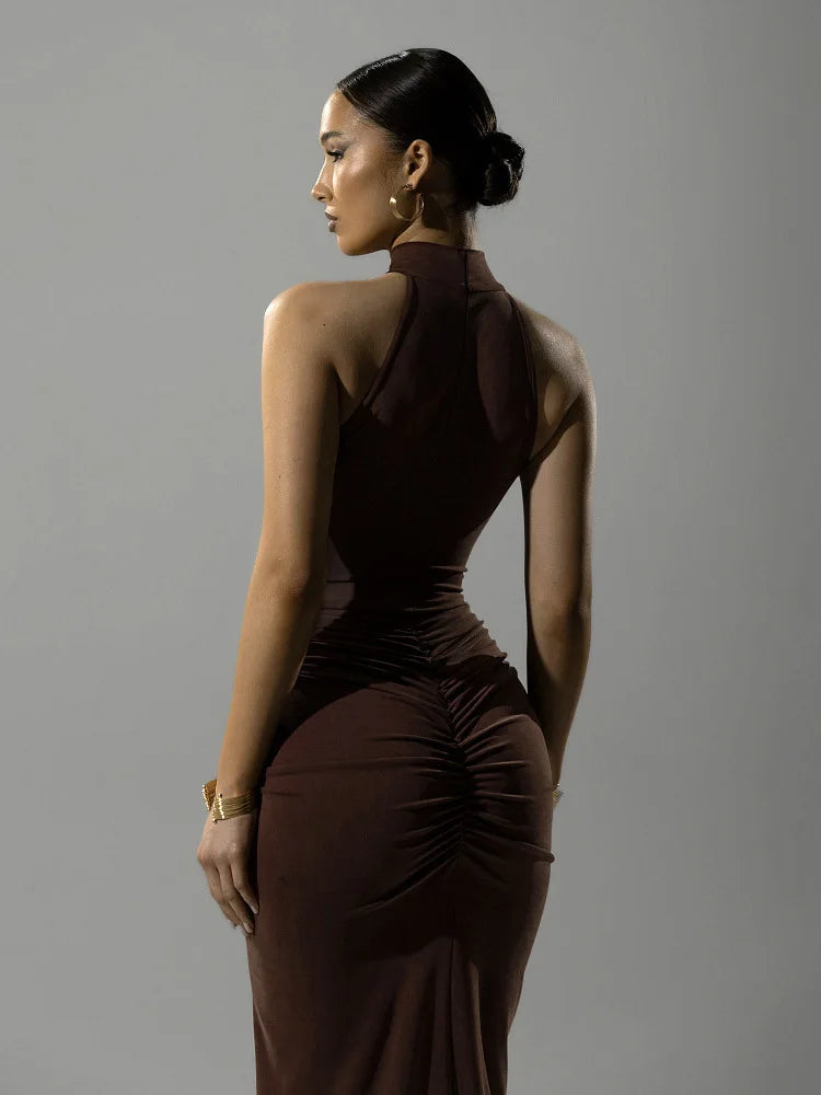 Elegant Brown Evening Dress – High Slit Bodycon Party Gown for Women