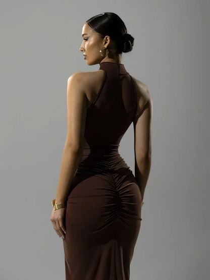 Elegant Brown Evening Dress – High Slit Bodycon Party Gown for Women