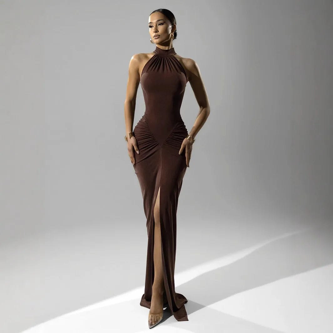 Elegant Brown Evening Dress – High Slit Bodycon Party Gown for Women
