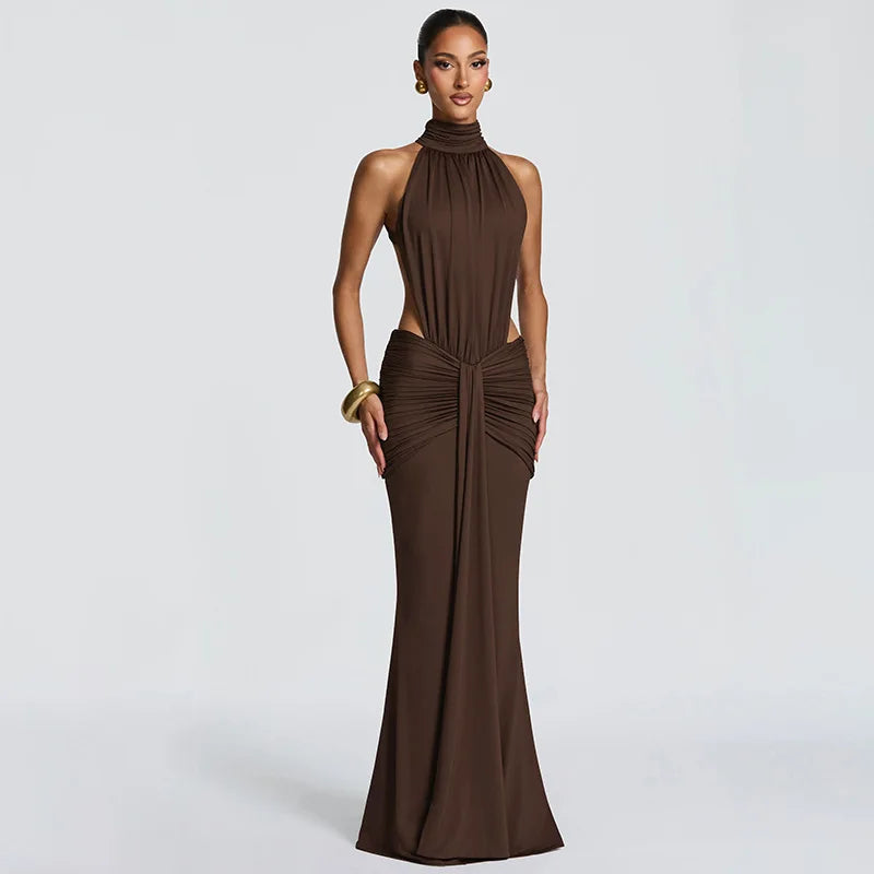 Elegant Brown Evening Dress – High Slit Bodycon Party Gown for Women