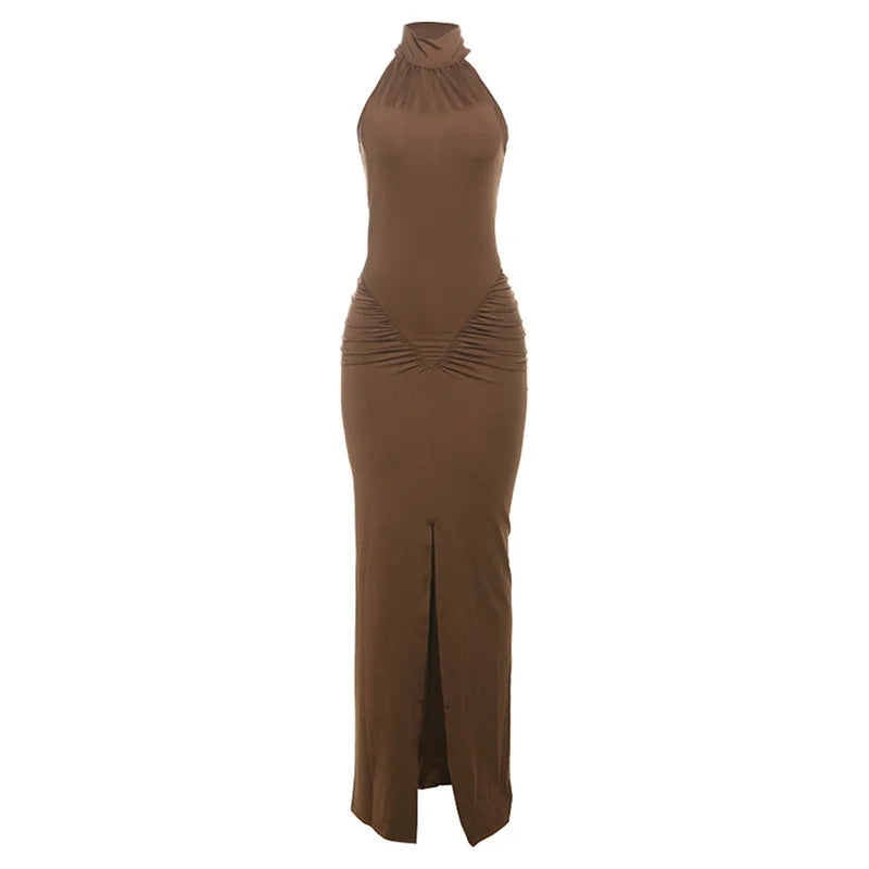 Elegant Brown Evening Dress – High Slit Bodycon Party Gown for Women