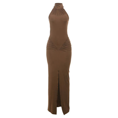 Elegant Brown Evening Dress – High Slit Bodycon Party Gown for Women