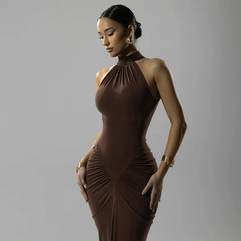 Elegant Brown Evening Dress – High Slit Bodycon Party Gown for Women