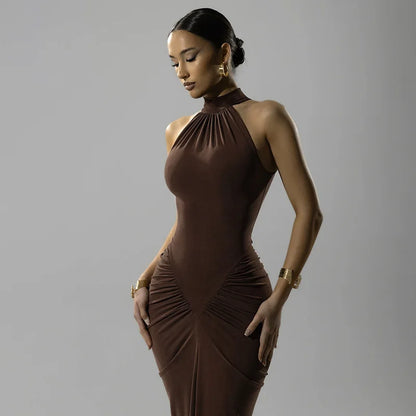 Elegant Brown Evening Dress – High Slit Bodycon Party Gown for Women