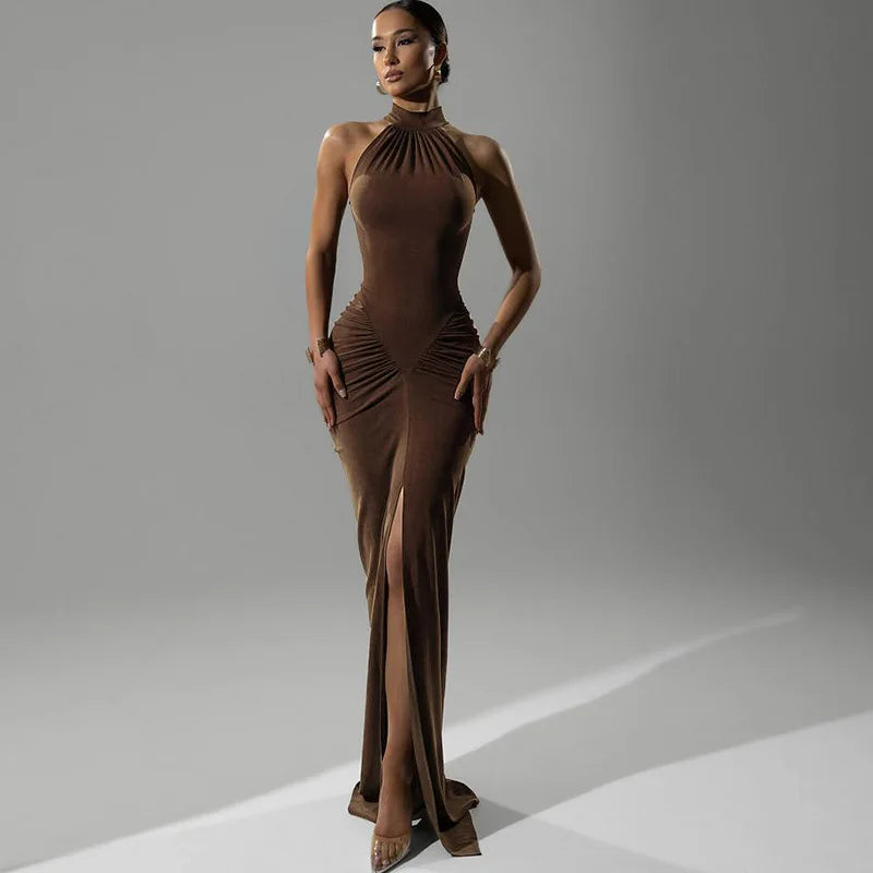 Elegant Brown Evening Dress – High Slit Bodycon Party Gown for Women