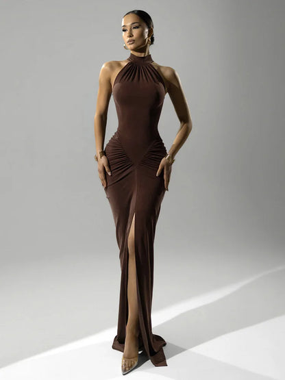 Elegant Brown Evening Dress – High Slit Bodycon Party Gown for Women