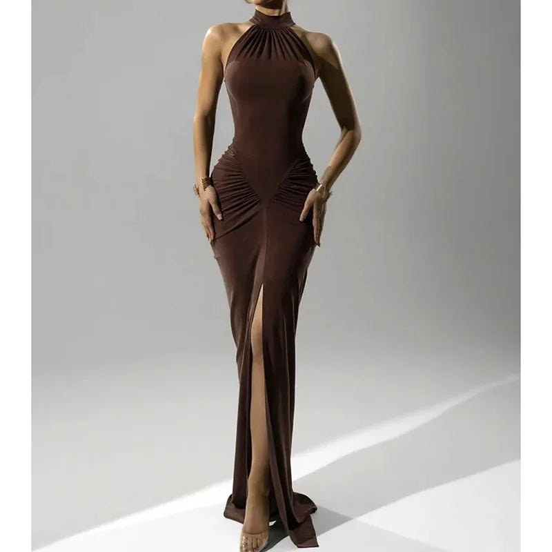 Elegant Brown Evening Dress – High Slit Bodycon Party Gown for Women