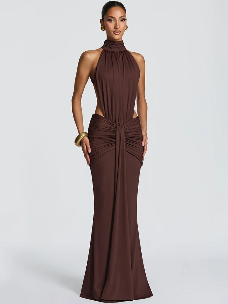 Elegant Brown Evening Dress – High Slit Bodycon Party Gown for Women