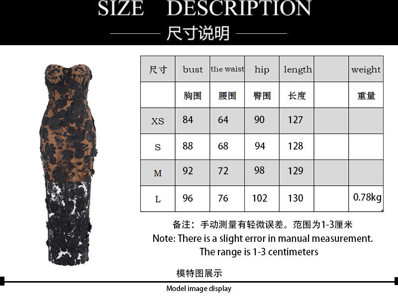 Vacation photography dress, strapless mesh embroidered flowers banquet party runway evening gown