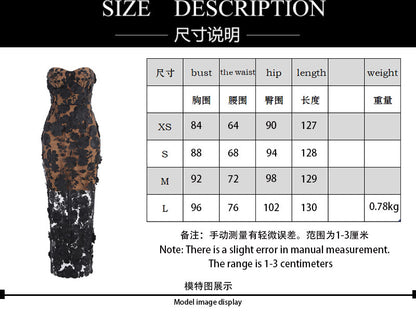 Vacation photography dress, strapless mesh embroidered flowers banquet party runway evening gown