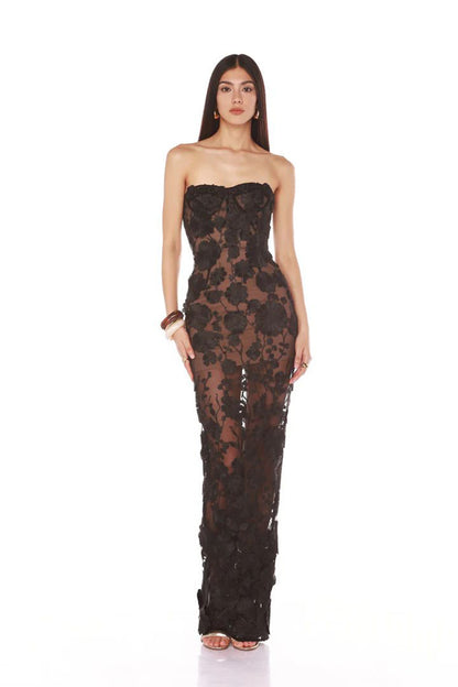 Vacation photography dress, strapless mesh embroidered flowers banquet party runway evening gown