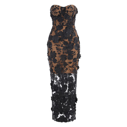 Vacation photography dress, strapless mesh embroidered flowers banquet party runway evening gown