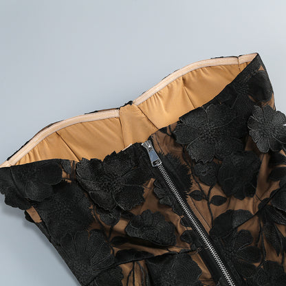 Vacation photography dress, strapless mesh embroidered flowers banquet party runway evening gown