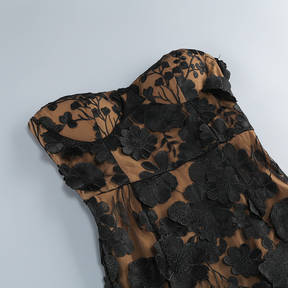 Vacation photography dress, strapless mesh embroidered flowers banquet party runway evening gown