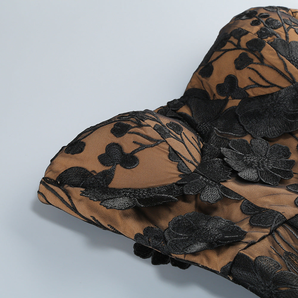 Vacation photography dress, strapless mesh embroidered flowers banquet party runway evening gown