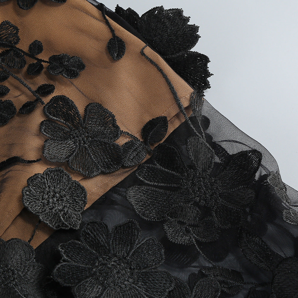 Vacation photography dress, strapless mesh embroidered flowers banquet party runway evening gown