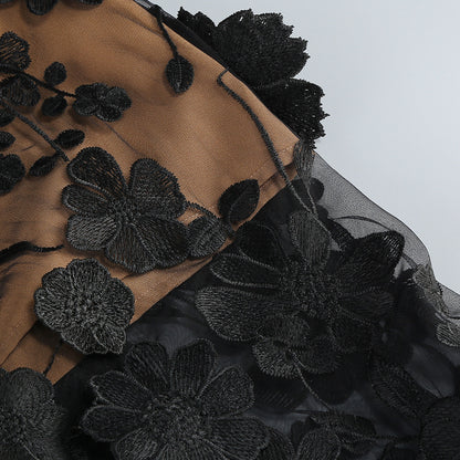 Vacation photography dress, strapless mesh embroidered flowers banquet party runway evening gown