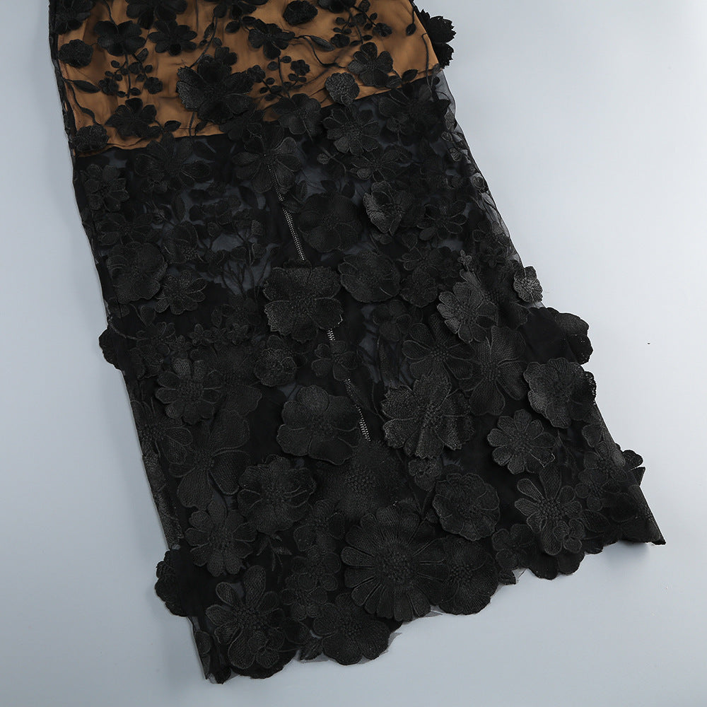 Vacation photography dress, strapless mesh embroidered flowers banquet party runway evening gown