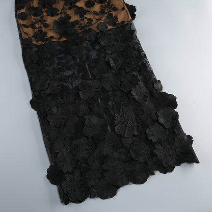 Vacation photography dress, strapless mesh embroidered flowers banquet party runway evening gown