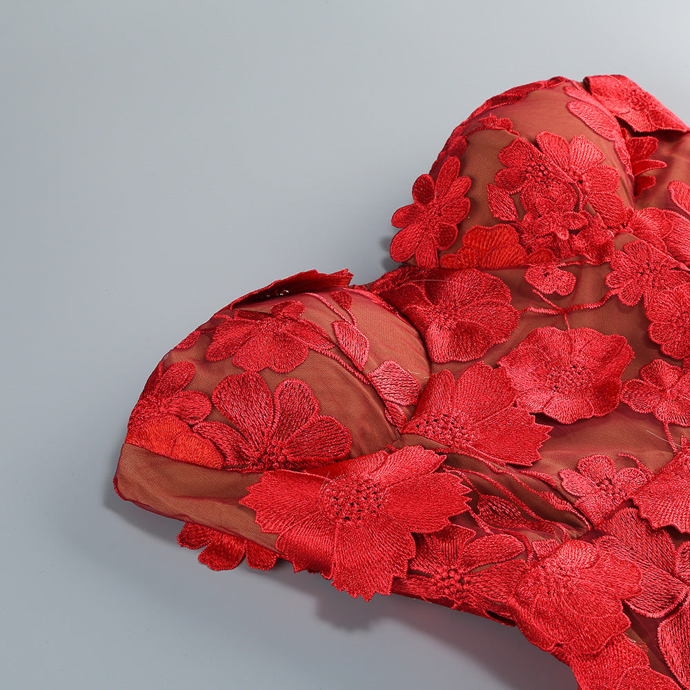 Vacation photography dress, strapless mesh embroidered flowers banquet party runway evening gown