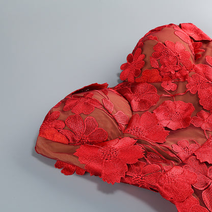 Vacation photography dress, strapless mesh embroidered flowers banquet party runway evening gown