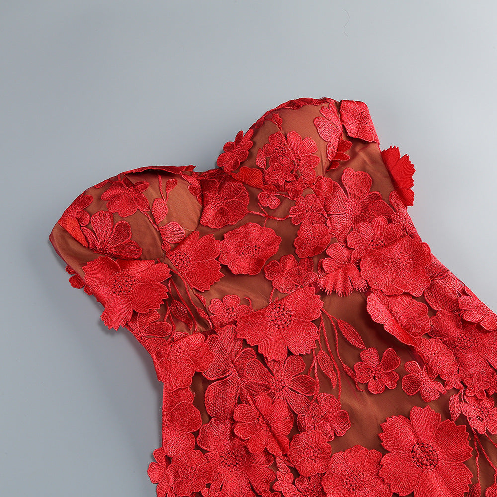 Vacation photography dress, strapless mesh embroidered flowers banquet party runway evening gown