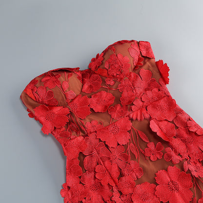 Vacation photography dress, strapless mesh embroidered flowers banquet party runway evening gown