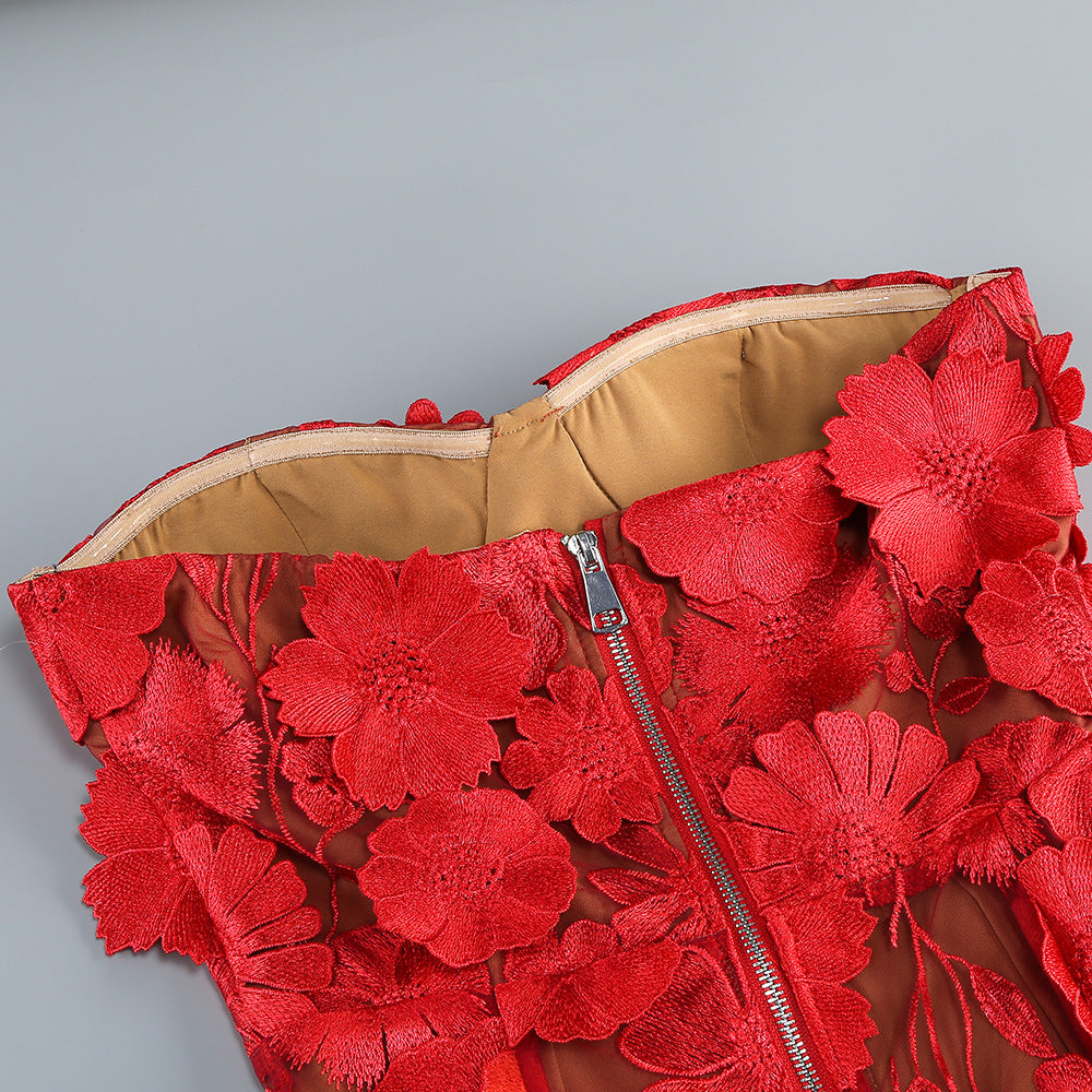 Vacation photography dress, strapless mesh embroidered flowers banquet party runway evening gown