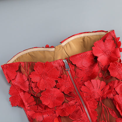 Vacation photography dress, strapless mesh embroidered flowers banquet party runway evening gown