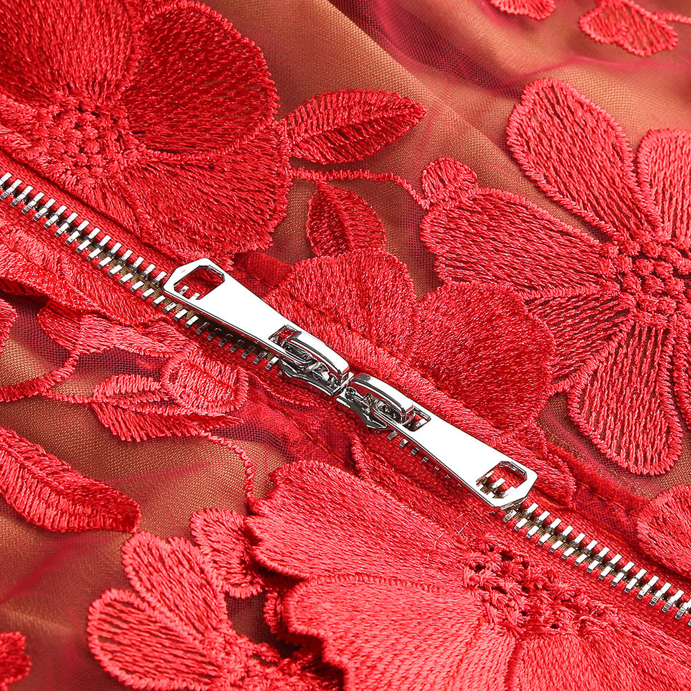 Vacation photography dress, strapless mesh embroidered flowers banquet party runway evening gown