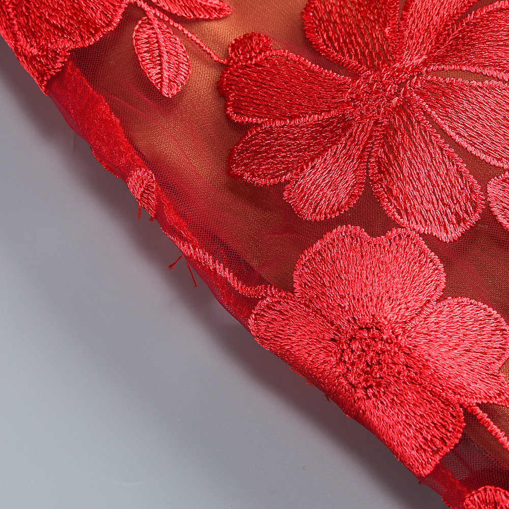 Vacation photography dress, strapless mesh embroidered flowers banquet party runway evening gown