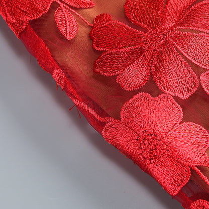 Vacation photography dress, strapless mesh embroidered flowers banquet party runway evening gown