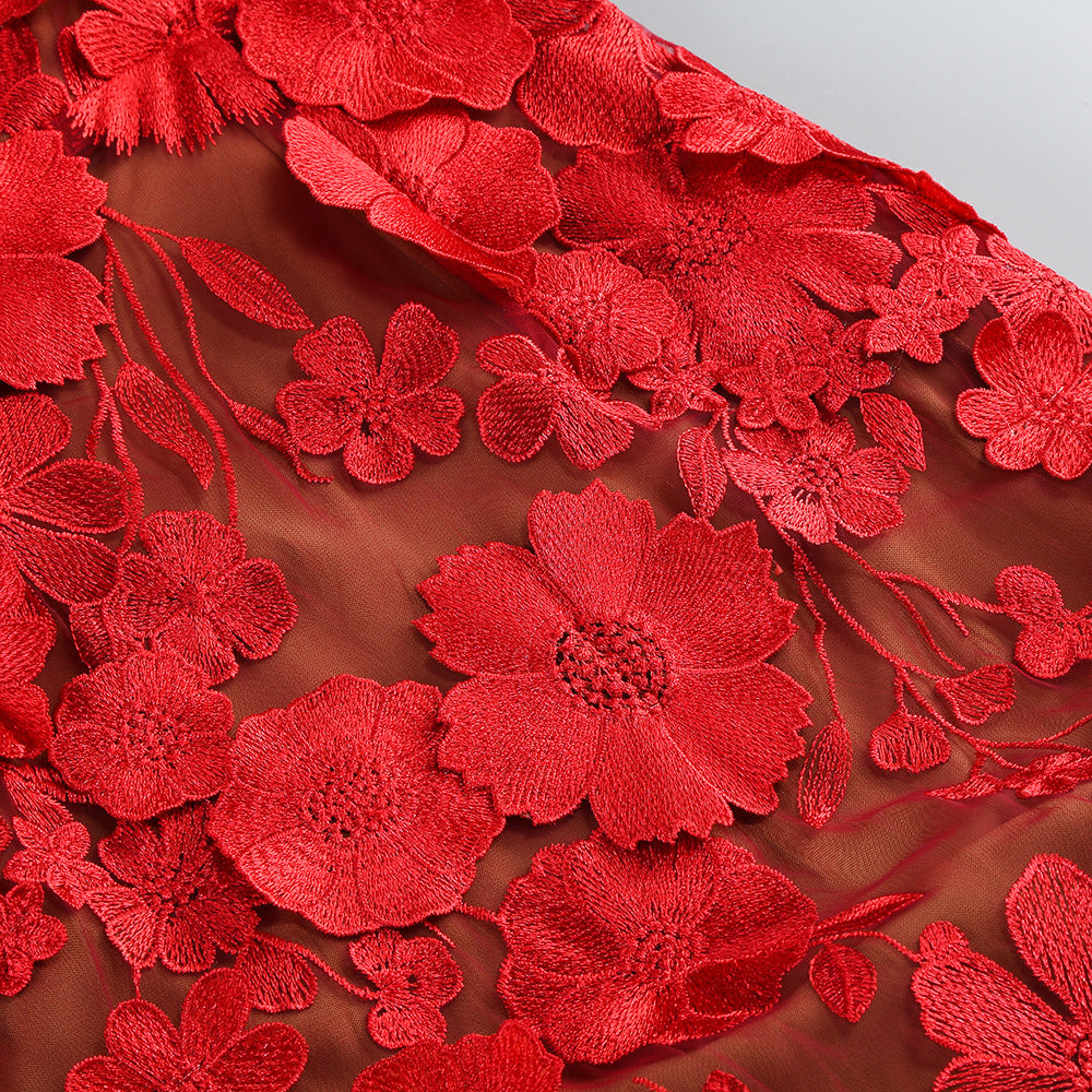 Vacation photography dress, strapless mesh embroidered flowers banquet party runway evening gown