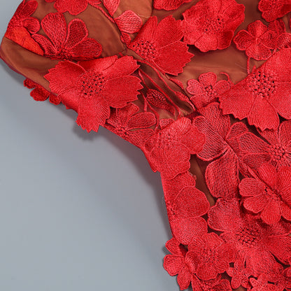 Vacation photography dress, strapless mesh embroidered flowers banquet party runway evening gown