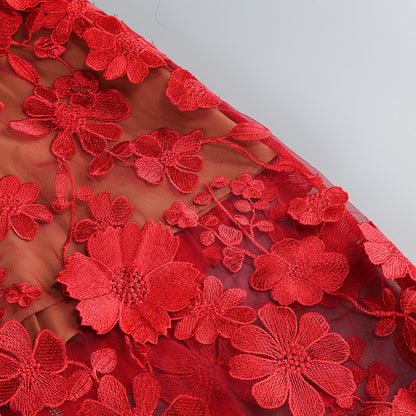 Vacation photography dress, strapless mesh embroidered flowers banquet party runway evening gown