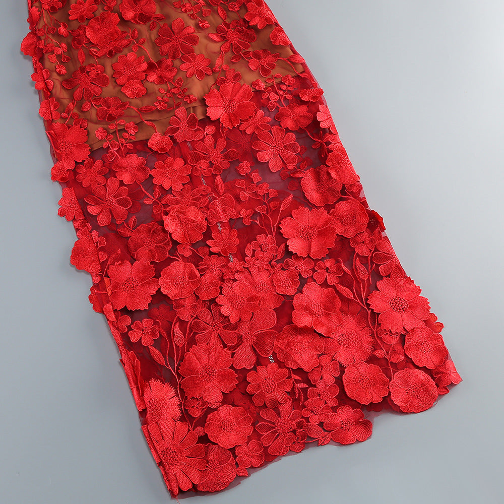 Vacation photography dress, strapless mesh embroidered flowers banquet party runway evening gown