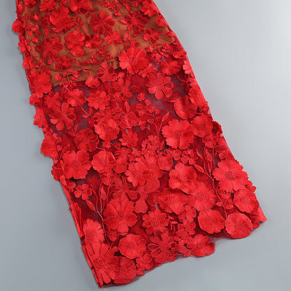 Vacation photography dress, strapless mesh embroidered flowers banquet party runway evening gown