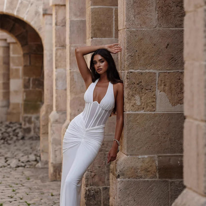 Herringbone halter neck evening gown sexy backless ruched bodycon dress for women