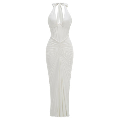 Herringbone halter neck evening gown sexy backless ruched bodycon dress for women