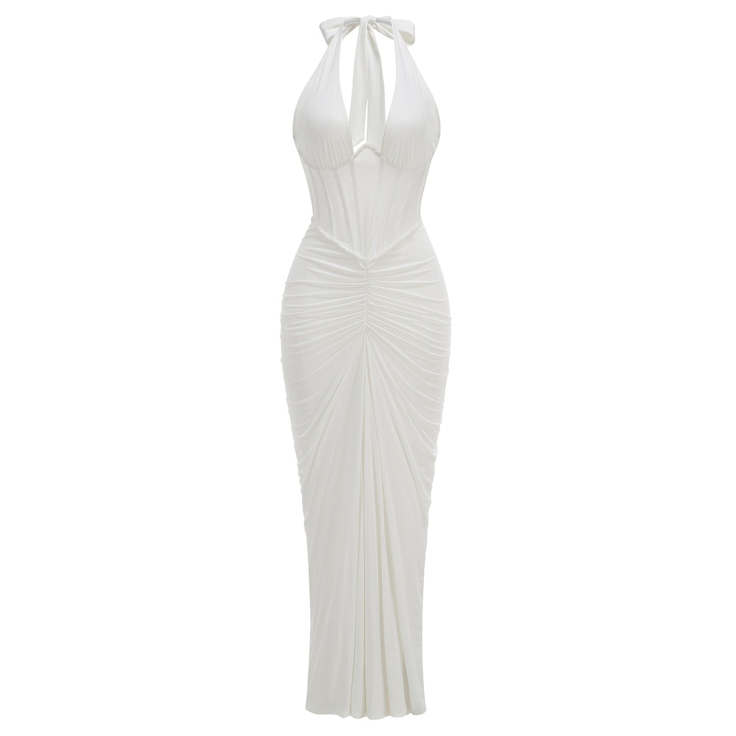 Herringbone halter neck evening gown sexy backless ruched bodycon dress for women